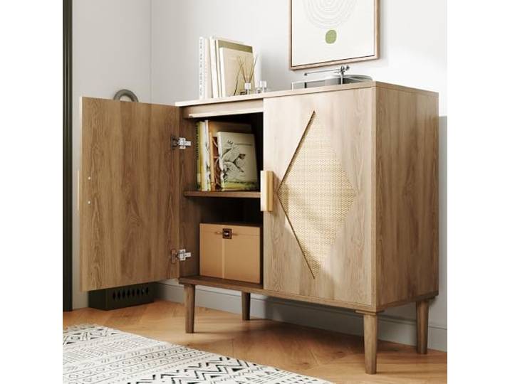 LuxFocus Sideboard Holz Rattan-Türen Naturholzoptik Stauraumschrank mit zwei Rattan-Türen für Wohnzimmer, Esszimmer und Flur mit natürlichem Design