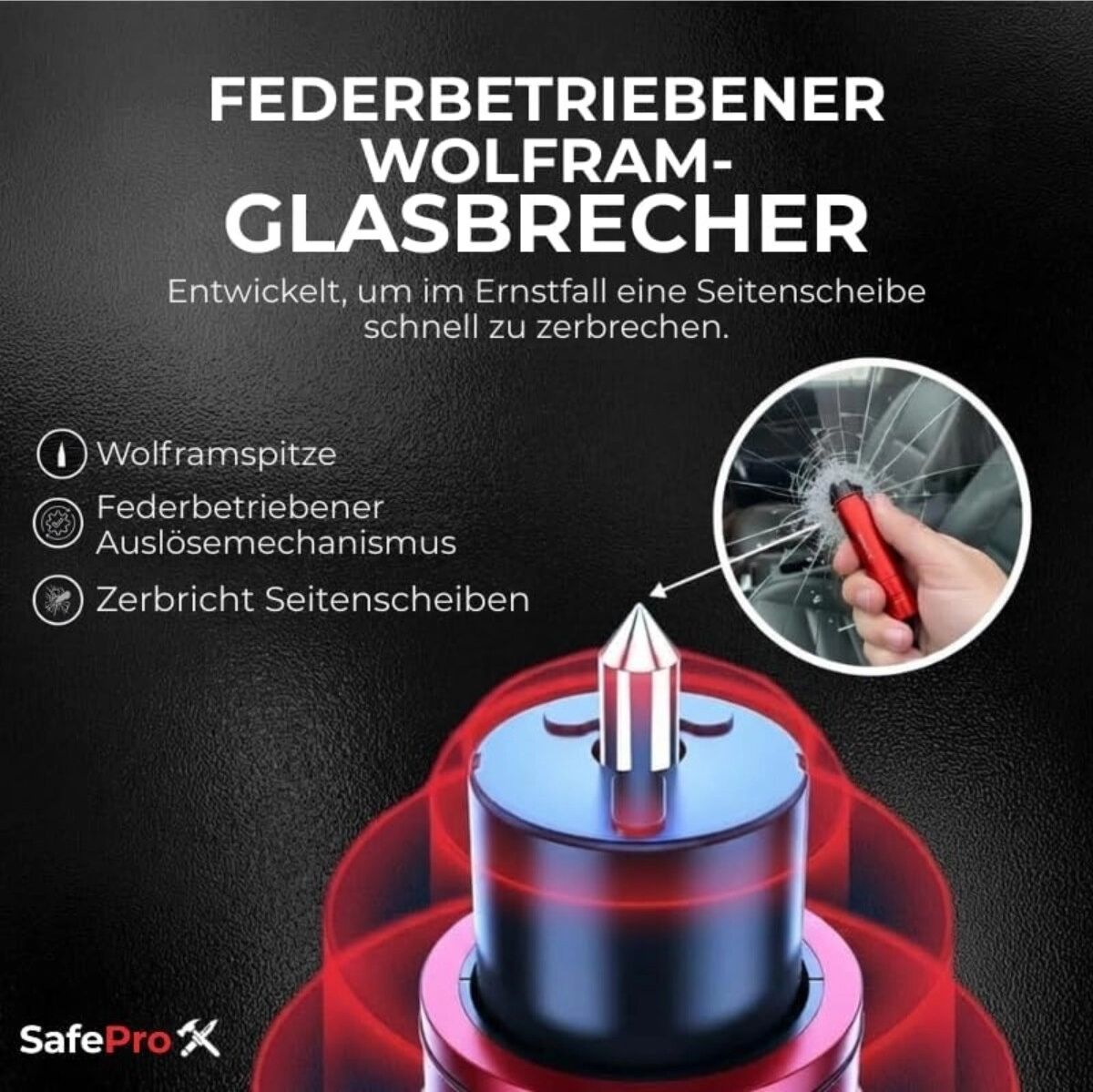 INF Gerändelter Sicherheits-Hammer (Halterung + Prüfglas) – Aluminiumlegierung Auto-Notfallhammer mit Gurtschneider und