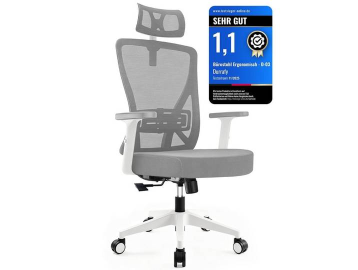 Durrafy Bürostuhl 200kg Ergonomischer Bürostuhl-Verstellbare Lordosenstütze (Verstellbare Lendenwirbelstutze + Kopfstutze + hohenverstelbare Armlehnen),bis zu 130° neigbar, atmungsaktives Netzgewebe, Drehstuhl),bis zu 130° neigbar, atmungsaktives Netzgewebe, Drehstuhl)