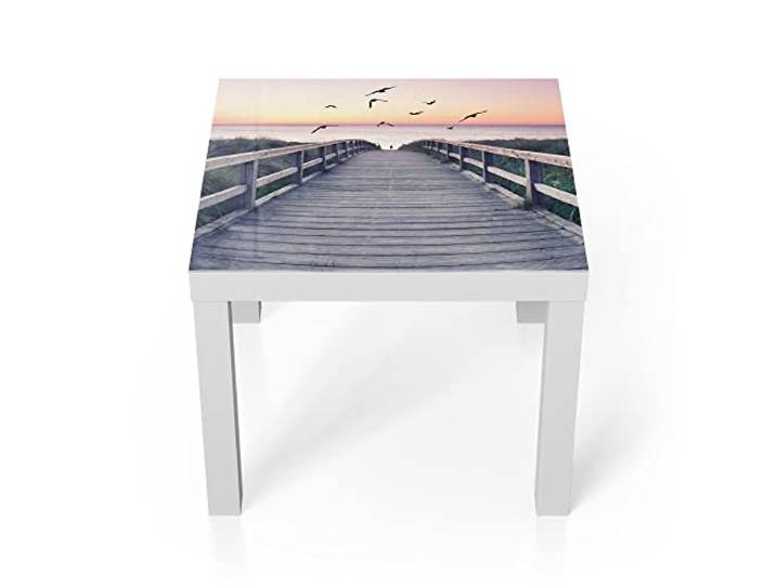 DEQORI Glastisch weiß klein 55x55 cm Motiv Dünenweg im Abendlicht ausgefallener Beistelltisch aus Glas Hochglanz Couchtisch fürs Wohnzimmer moderner Couch Tisch mit Design