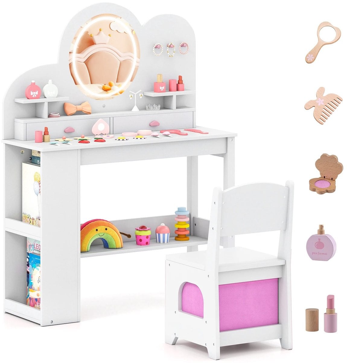 Miryx Prinsessen Kaptafel met Kruk - Wit - Kinderkaptafel en Schrijftafel
