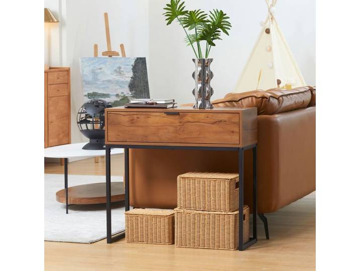 Table console avec tiroir 80x30x76 cm bois naturel acier