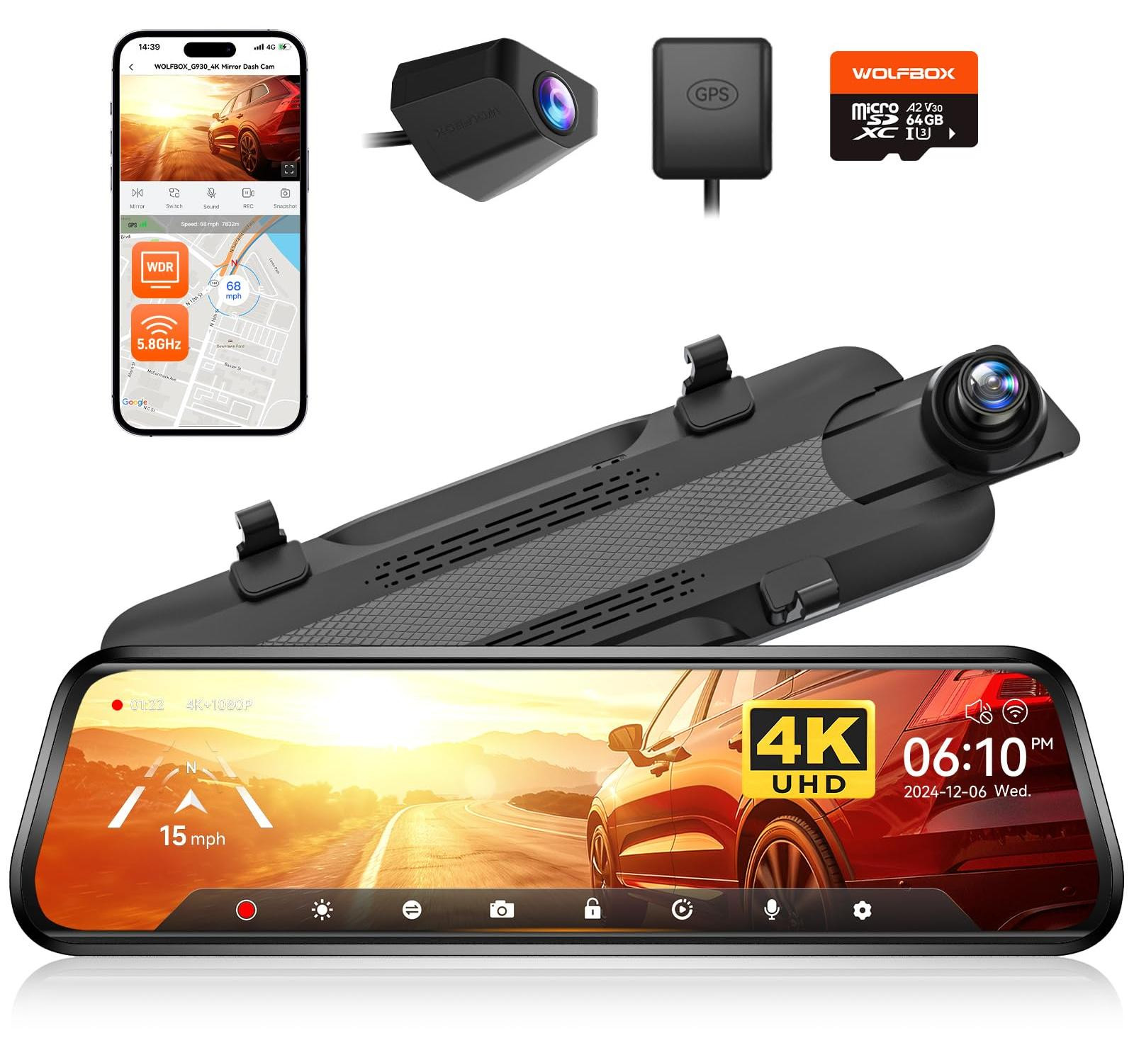 Selius Dashcam Spiegel 4K Front en 1080p Achter met 64GB Geheugen - Zwart