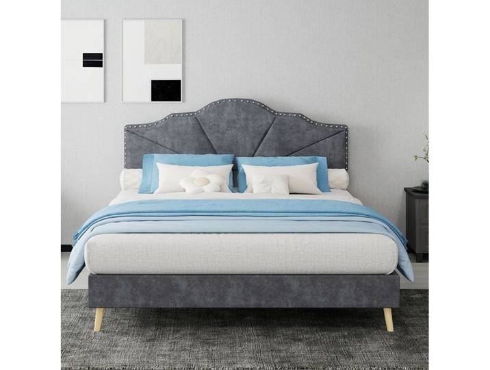 Lit adulte double 140 × 200 cm rembourré avec tête géométrique et clous décoratifs sans matelas gris - UVRION