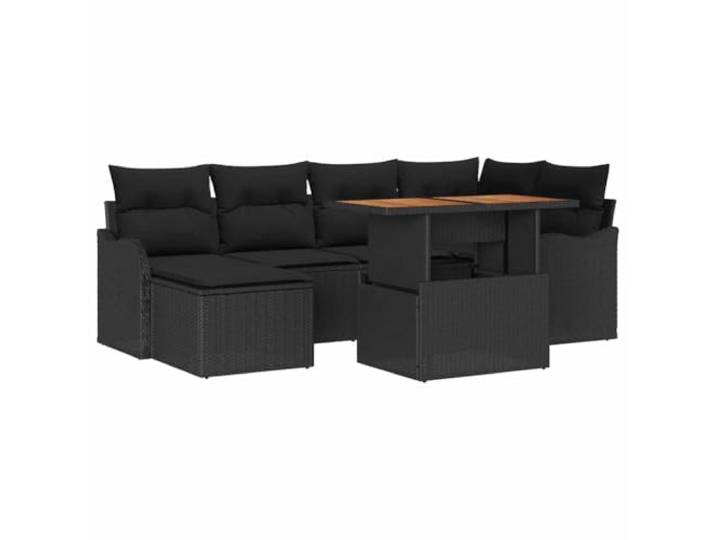 Polyrattan Gartensofas Set 7 Teile Schwarz mit Kissen UV-beständiges Polyrattange, pulverbeschichteter Stahl, Tischplatte aus Akazienholz, ergonomische Kissen, leichte Reinigung