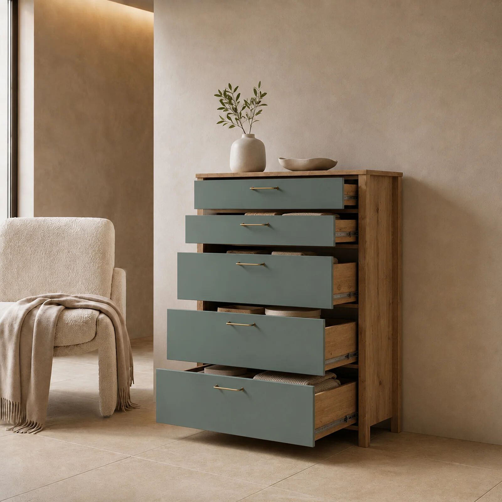 garneroarredamenti Cassettiera moderna 90x109h cm 5 cassetti rovere verde Leave