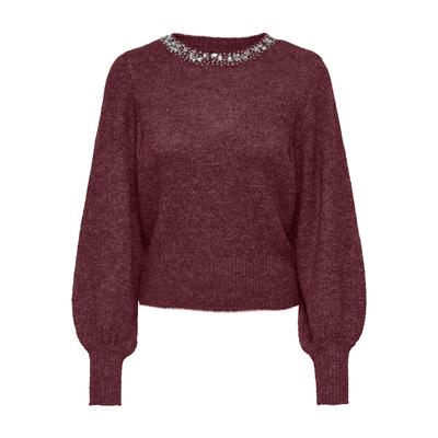 Strickpullover ONLY "ONLELSA L/S PULLOVER KNT NOOS", Damen, Gr. S, rot (port royale detail:schwarz melange, light embellishment), Strick, Obermaterial: 70% Polyacryl, 28% Polyester, 2% Elasthan, meliert, regular fit hüftlang, Rundhals, Rippbündchen,...