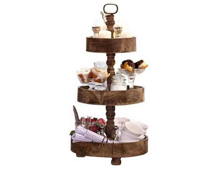 Loberon Etagere Beauvais, braun Gedrechselter Mittelfuß, Massives Tannenholz, Im antiken Stil