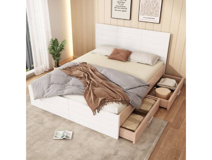 lit 2 personnes 140x200 cm avec 2 tiroirs cadre de lit adulte avec sommier à lattes lit adulte chêne/blanc