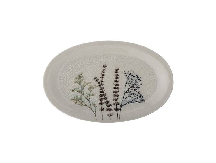 Plateau en grès blanc, motif floral, glaçure craquelée, fait main
