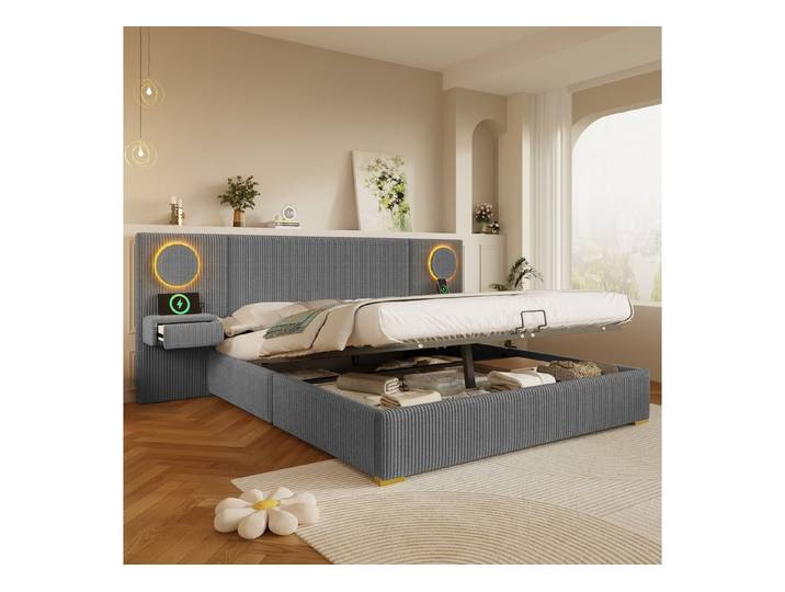 Flieks Polsterbett, Hydraulik Stauraumbett 180x200cm mit LED-Licht, Aufladen, Nachttische