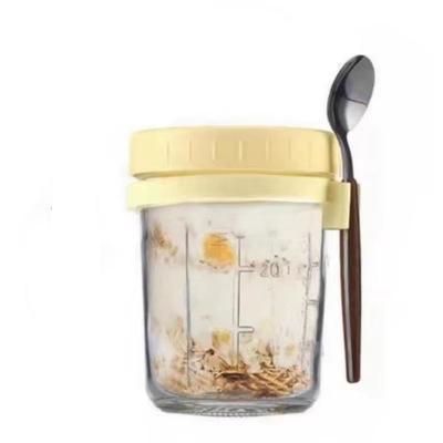High Value Oat Cup Transparent Glass With Lid, Spoon, And Scale, Multi Color Breakfast Cup beige