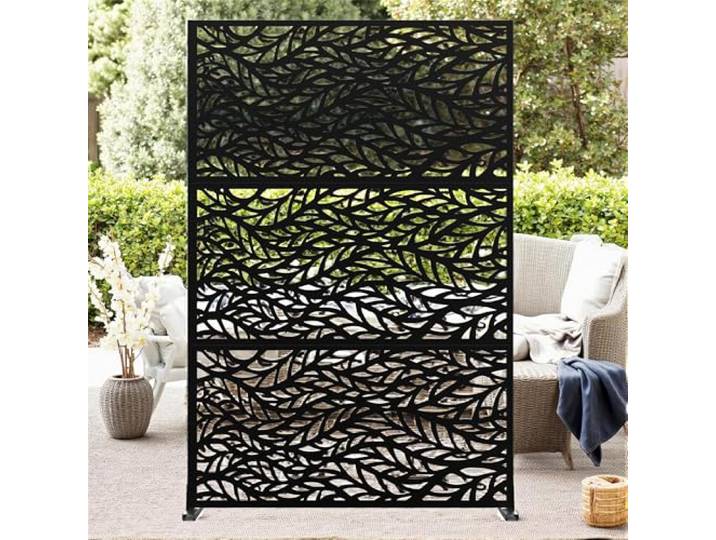 Sichtschutz Metall, Freistehender Paravent 183x119 cm, Wetterfester Sichtschutz Für Garten, Terrasse & Balkon, Raumteiler Mit Ständer, Verzinkter Stahl Für Outdoor & Deko, Blätter Schwarz
