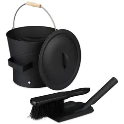 Relaxdays Ascheeimer mit Deckel & Kehrset 7,5 L Schwarz,Silber