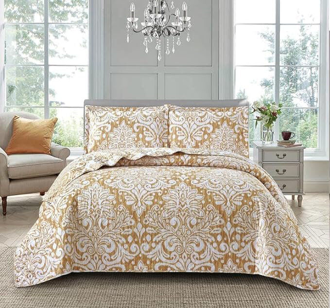 Marlow Home Co. Andrena Bedspread with Pillow Shams Damask/Gold Super King Bedspread + 2 Standard Pillow Shams