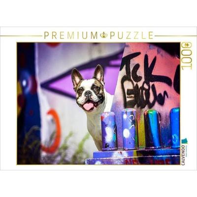 CALVENDO Puzzle French Bulldog sitzt vor einer Graffitiwand | 1000 Teile Lege-Größe 64x48cm Foto-Puzzle für glückliche Stunden