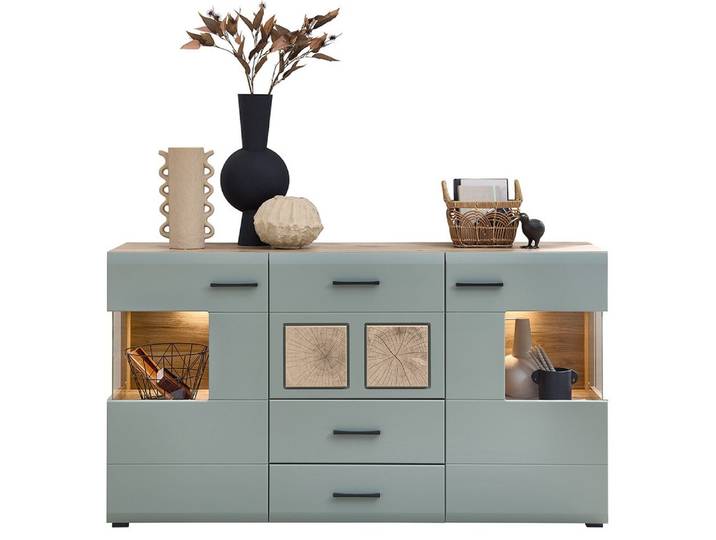Lomadox Sideboard FARO-36-REED, 170cm breit, Eiche mit Schilfgrün, inkl. Beleuchtung