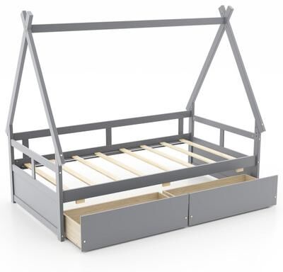 Costway Twin Size House Bed with Roof and Safety Guardrail-Gray