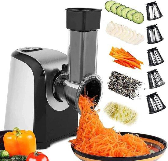 Nictemaw Elektrische Groentesnijder en Keukenmachine met 5-in-1 Raspkegels, 150 Watt, Zilver Zwart