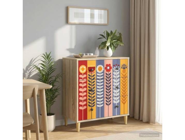 GPWERSDF Kommode Essen Sonnenblumenmuster 66 x 36,5 x 75 cm Sonoma Stabiler Holzwerkstoff, erhöhte Füße, viel Stauraum, dekoratives Muster, vielseitig nutzbar