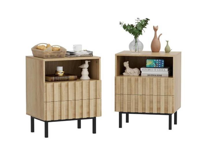 GOOBUY Lot de 2 Tables de Chevet Table de Nuit avec 2 Tiroirs Table d'appoint Espace de Rangement Caché/Ouvert Naturel
