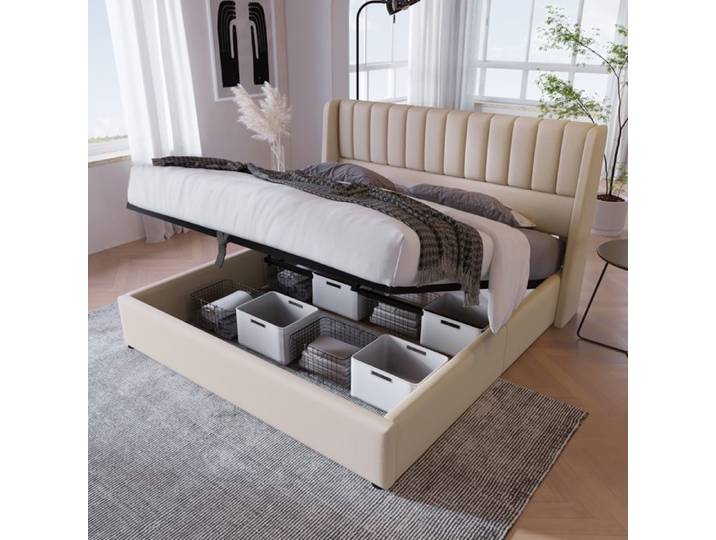 Lit coffre 160 x 200 lit 160 x 200 avec sommier cadre de lit Lit coffre lit double hydraulique avec tete de lit beige lin