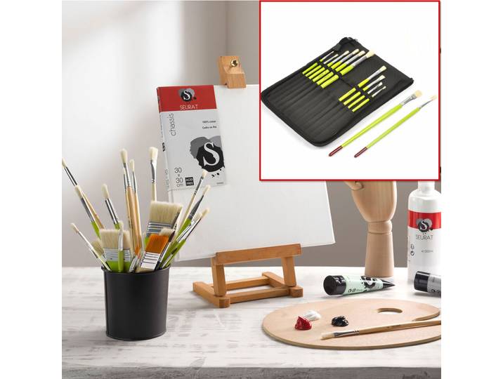 Pinsel-Set mit Aufbewahrungstasche, 12 Stk, Naturborsten, runde/flache Pinsel