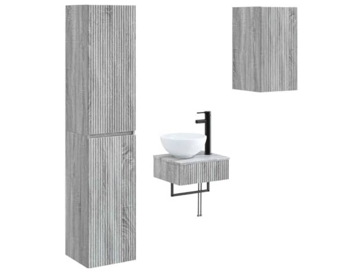 KTHLBRH Badmöbel-Set 3-teilig Sonoma grau Holz technisch Modernes Design, Wandmontage, reversible Tür, 6 Einlegeböden, mit Waschbecken und Wasserhahn, Innengebrauch