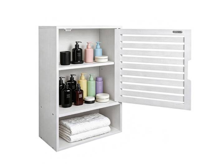 Armoire Murale de Salle de Bain - Armoire à Pharmacie en Bambou - Avec Porte Ajourée et Étagère Réglable - 40x20x60cm - Blanc