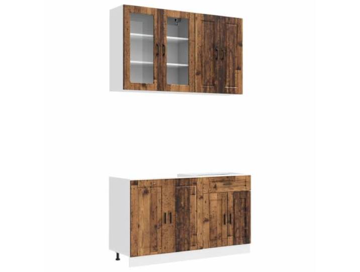 Favemtsl Küchenzeile Porto 4-teilig Altholz Holzwerkstoff Schrank Set Modulares 4-teiliges Küchenmöbel Set in Altholz-Optik für kleine Küchen. Inklusive Schränken mit verstellbaren Füßen.
