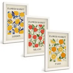 BILDER SET 3er Set - 20x30 cm Weißer Rahmen - Blumenplakate in Städten