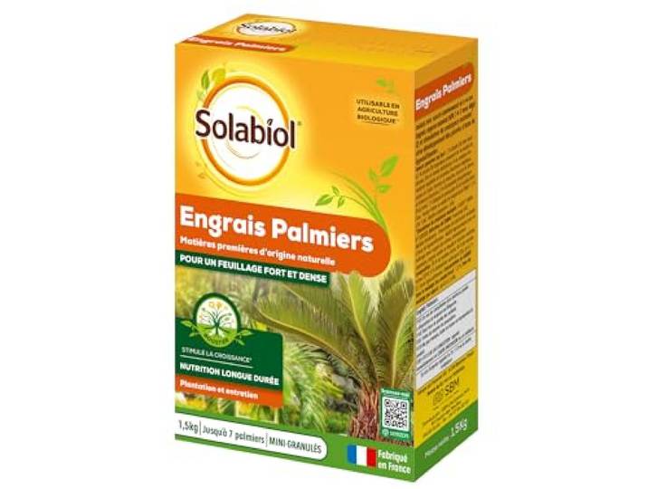 SOLABIOL Engrais Palmiers & Plantes Méditerranéennes - 1\,5kg Jusqu'à 7 Palmiers - Feuillage Fort & Dense - Nutrition Longue Durée - Utilisable en Agriculture Biologique - SOPALMY15