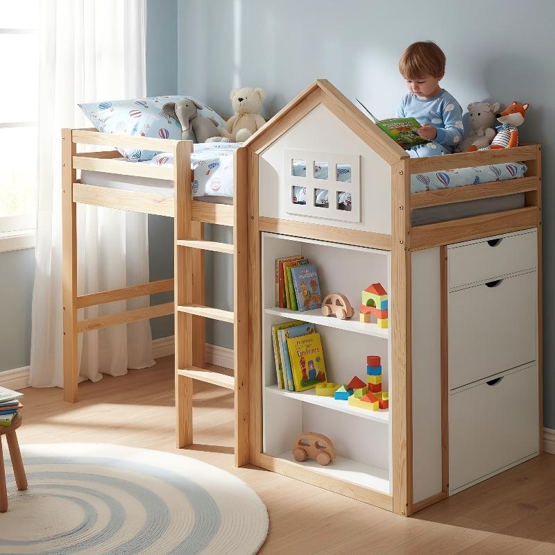 Hochbett 90x200 cm Weiß Natur aus Kiefer, MDF, Sperrholz mit Staufächern und Schubladen, hausförmiges Kinderbett
