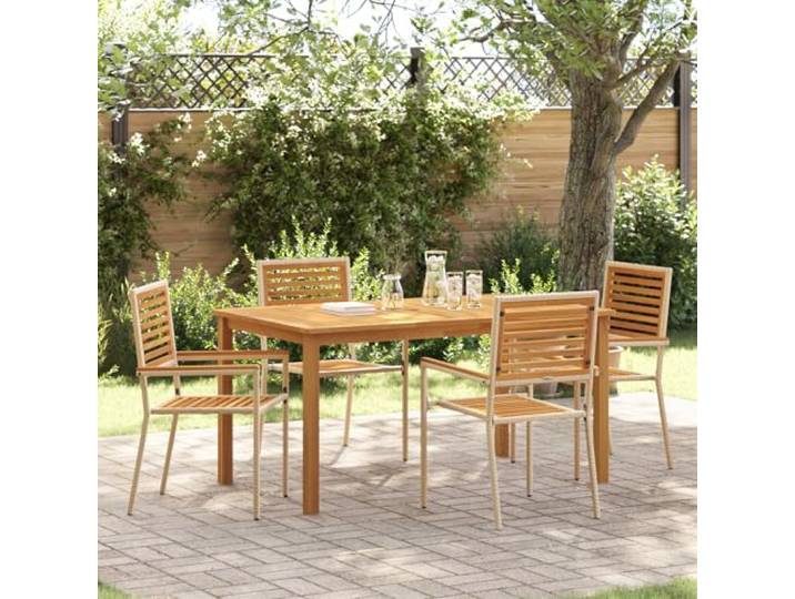 HEFZGDB Garten-Essset mit rechteckigem Massivholztisch und Vier Stühlen aus Polyethylen-Rattan für Terrasse Balkon Garten, UV-beständig, pflegeleicht und stabil