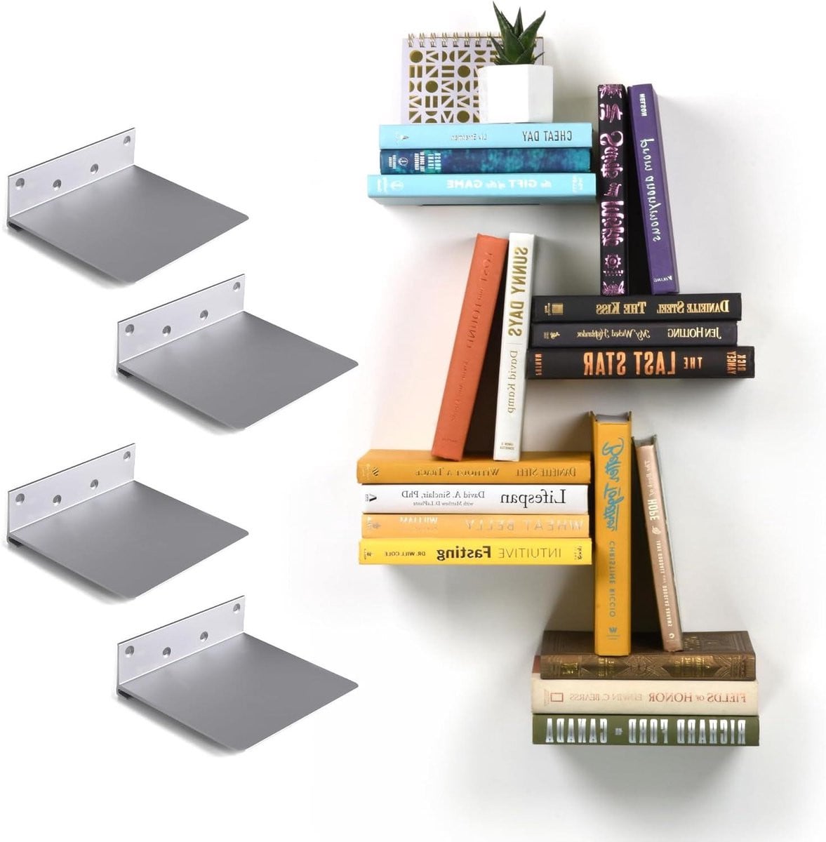 Set van 4 Zwevende Boekenplanken - Onzichtbare Wandplanken - Zilverkleurig