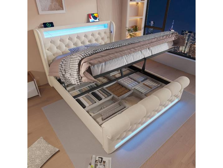 STILVORA Doppelbett 140x190cm Polsterbett mit LED-Leuchten Stauraum-Kopfteil ,Hydraulisches Stauraumbett mit USB- und Typ-C-Anschlüssen,Samt, Beige(Ohne Matratze)