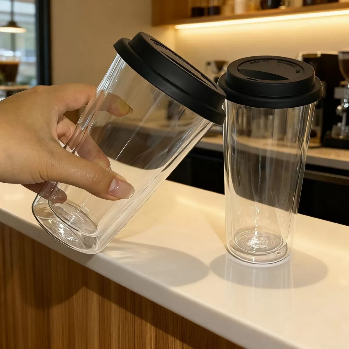 INF Elegantes doppelwandiges Wasserglas aus Borosilikatglas mit schwarzem Deckel - 350ml/550ml 350 ml