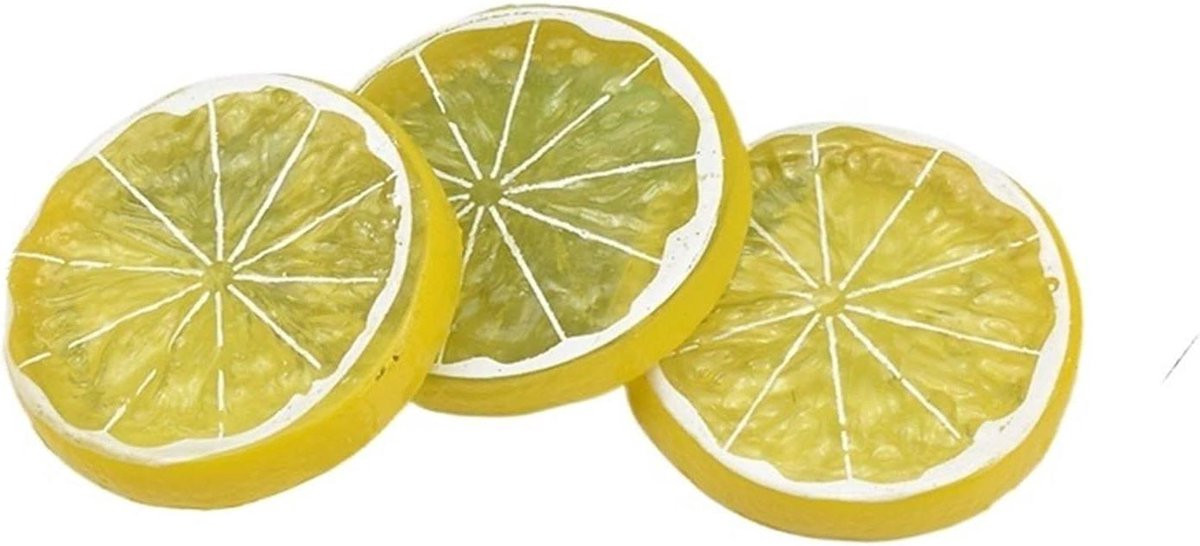 Set van 10 gele kunstvruchten decoratieve plastic schijven