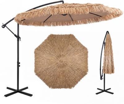 Costway 10 FT Solar Thatched Cantilever Umbrella with 12 Modes and Crank Lift-Brown