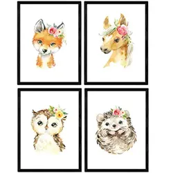 POSTER Set mit 4 Igel Pferd Fuchs und Eule A4 Rahmenlos