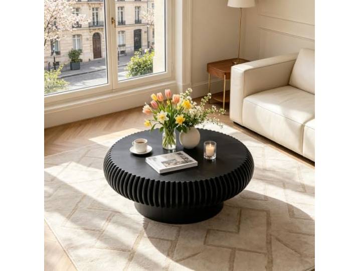 YPDOPORA Runder Geriffelter Couchtisch,Couchtisch aus Holz in Trommelform Runder Couchtisch aus Holz im Mid-Century-Modern-Stil mit stabilem Sockel für kleine Wohnzimmer