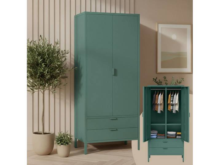 skølm Kleiderschrank Ituri aus Metall (Dunkelgrün) Schrank mit 6 Fächern, 2 Schubladen & 2 Kleiderstangen, 170x80x45 cm