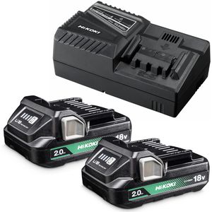 HiKOKI Werkzeugakku UC18YFSLWFZ, Set, 18 V / 2,0 Ah, 2 Schiebeakkus und Ladegerät