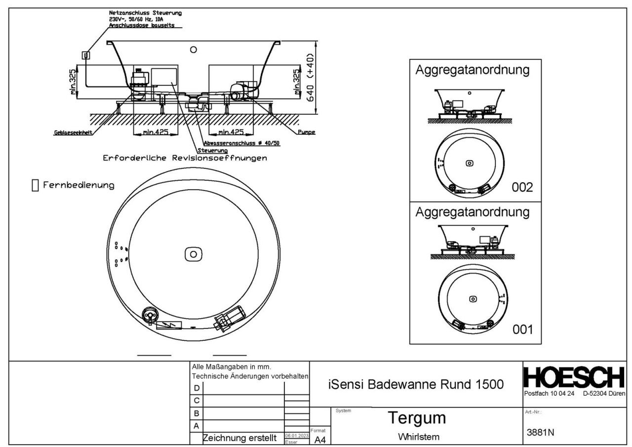 Hoesch Monolith Einbau Whirlwanne iSensi Rund 1500 mit System Tergum Whirl 3881N.010305001