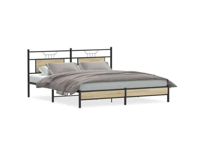 PUGYNBK Bettrahmen aus Holz, Sonoma-Eiche, 160 x 200 cm Basis mit Metall-Kopfteil, Lattenrost, Stauraum unten, robuster Stahl