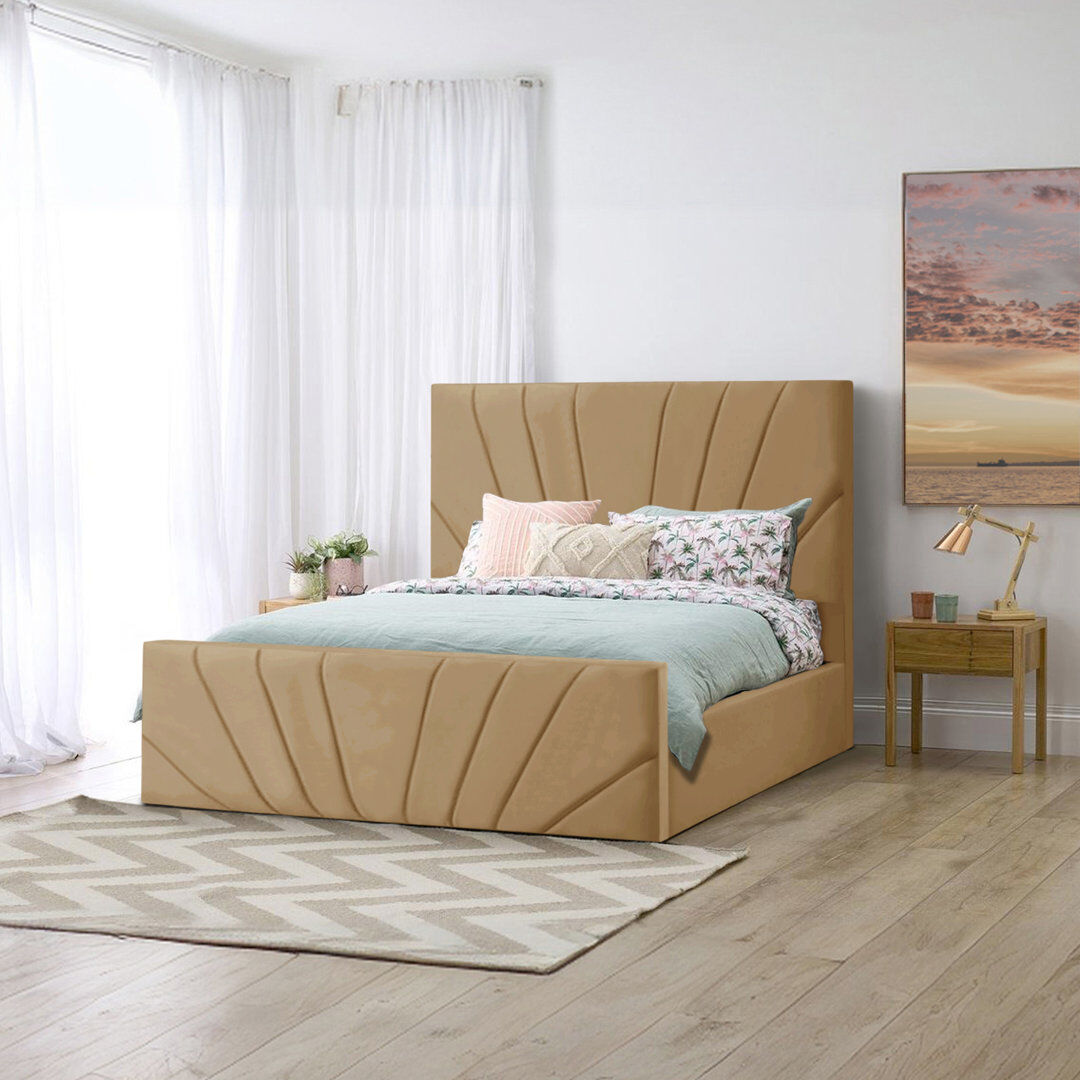 Canora Grey Burgoyne Upholstered Velvet Lift Up Storage Ottoman Bed Beige UK Single (90 x 190 cm)