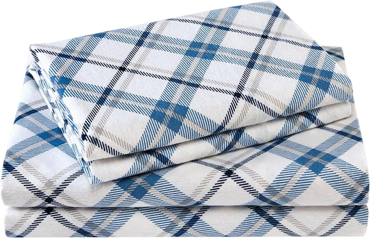 Katoenen flanellen lakens in blauw, Twin maat, warm en ademend beddengoed