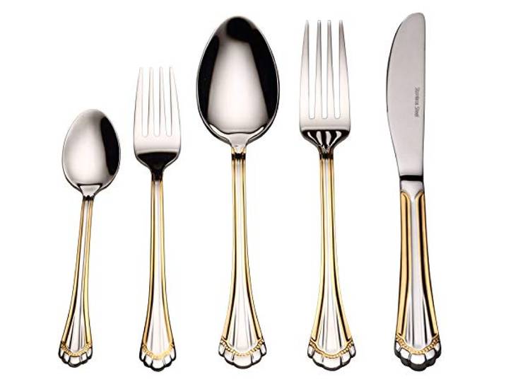 Besteck-Set für 4 Personen, 18/10 Edelstahl, 24 Karat vergoldete Akzente (Goldsets) Grand
