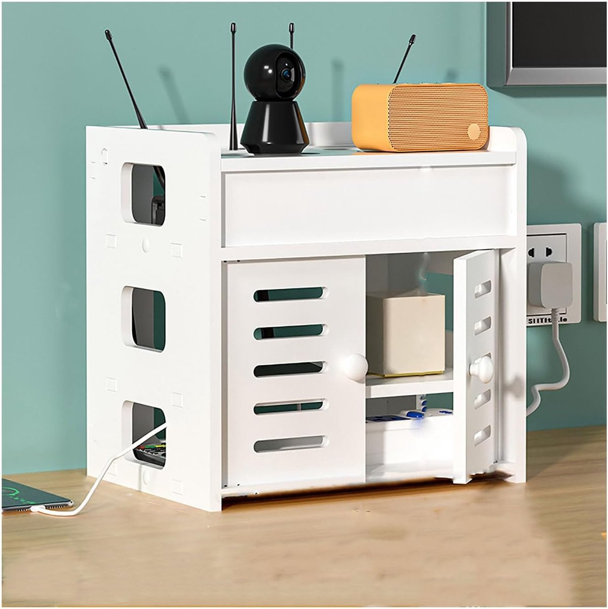 Router Plank Opbergdoos met Dubbele Laag voor Kabelmanagement in Houtkleur