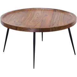 COUCHTISCH Sheesham Massivholz Rund 75x39x75 cm, Retro Braun Metall